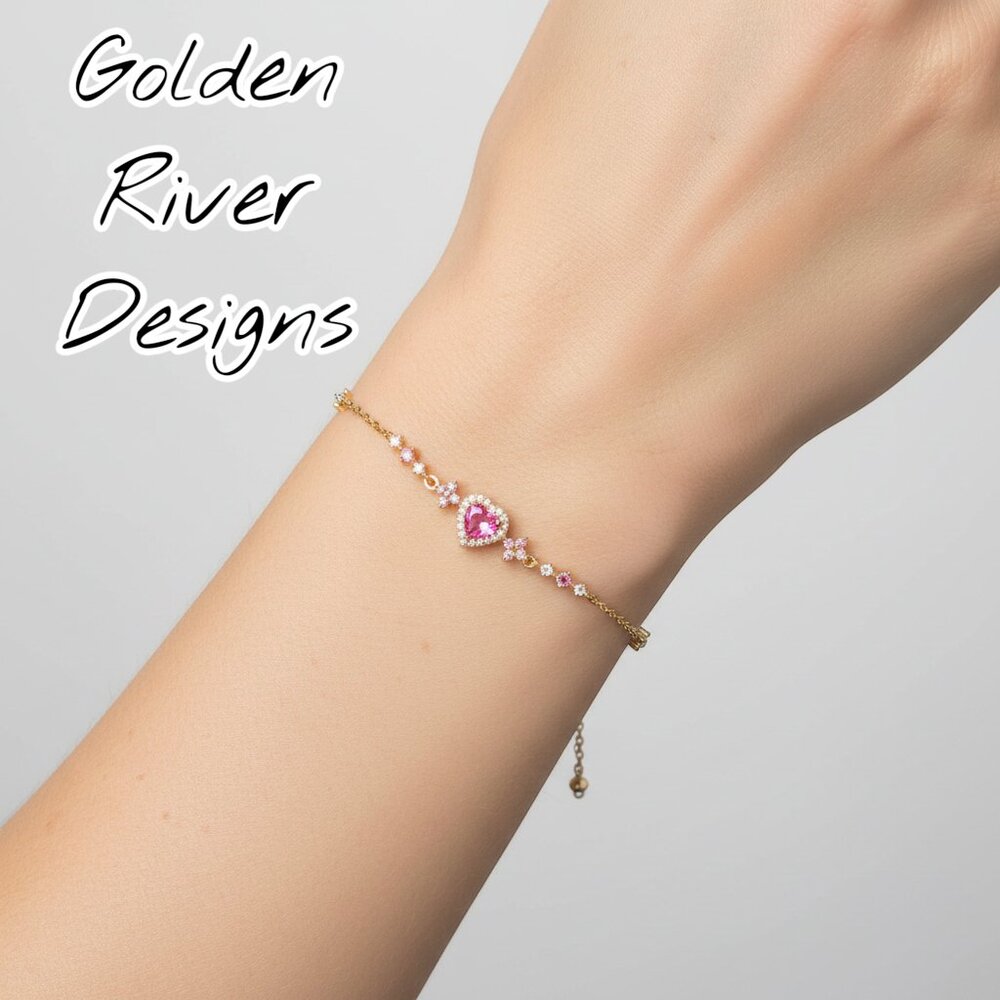 Pink Zircon 18K Gold Plated Bracelet - Red Heart